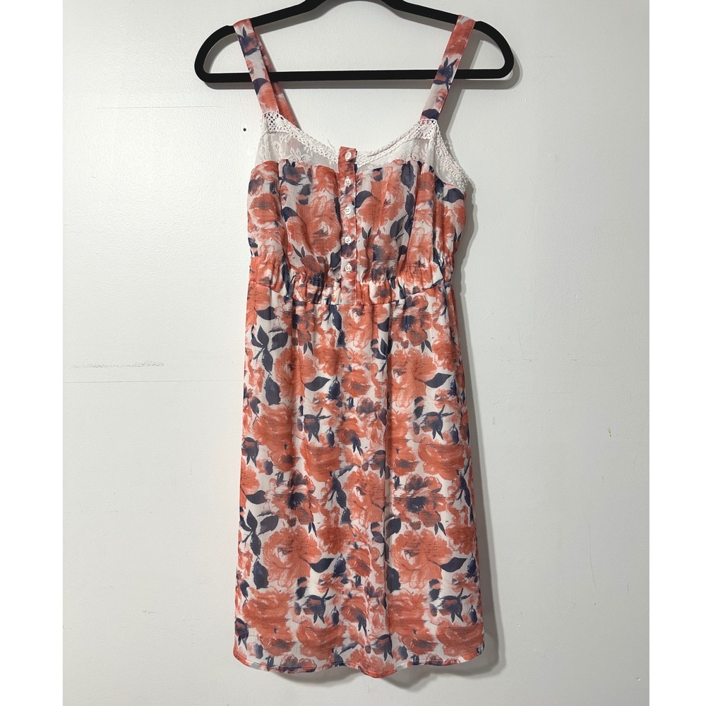 Mudd Floral Mini Dress Womens Medium Peach Blue Lace Trim Boho Summer Sleeveless